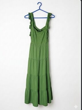 Beyond Words Green Tiered Maxi Dress Open Tie Back.  Size Medium